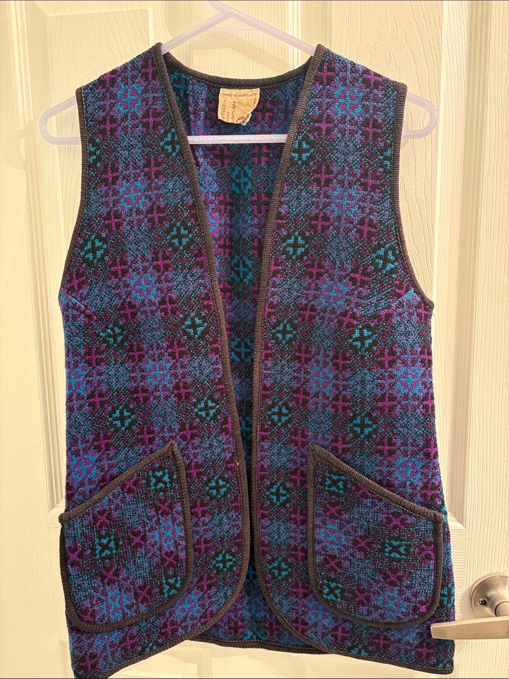 Vintage Wool Patterned Knit Vest - Blue Purple Turquoise